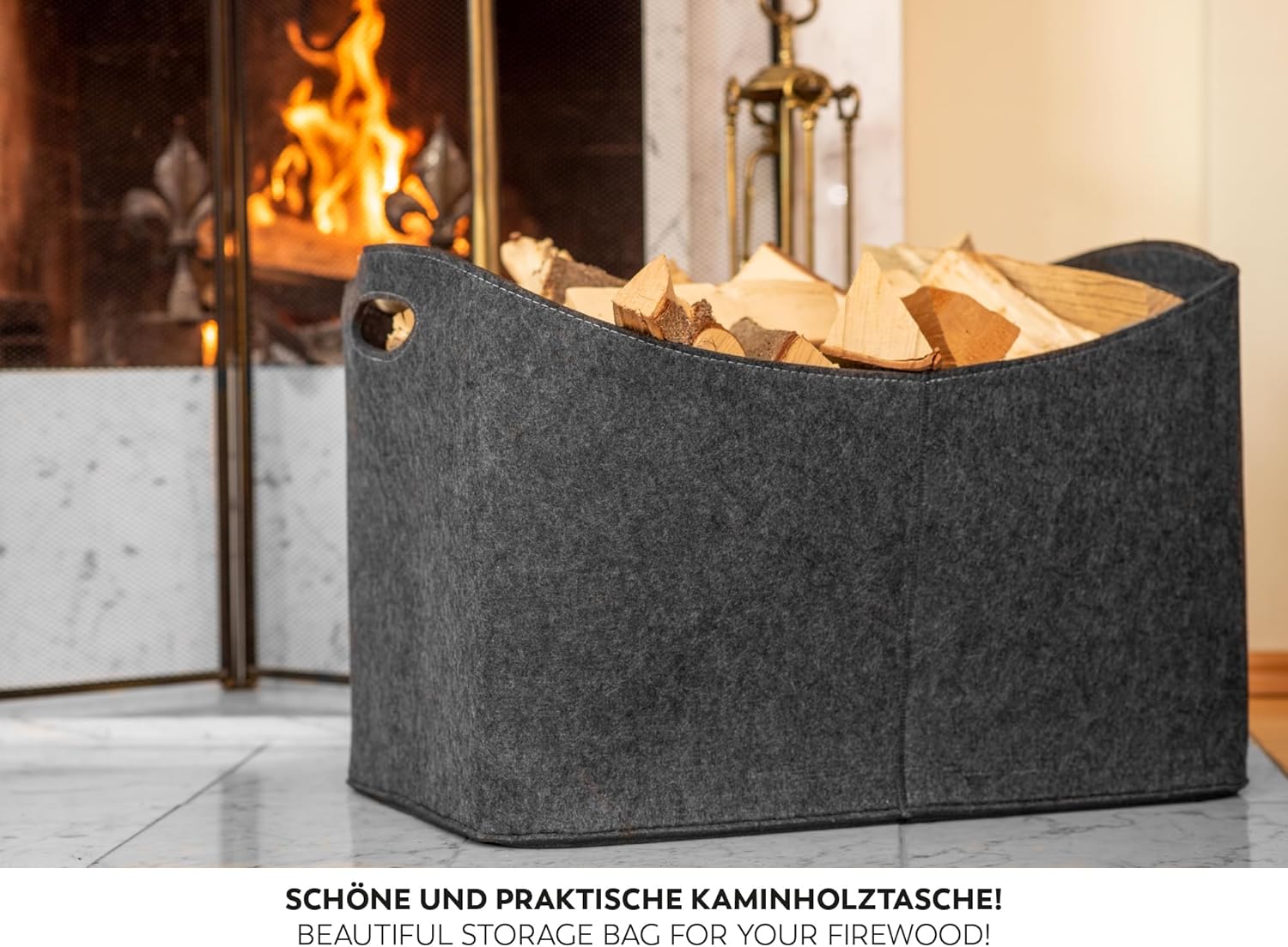 Kaminholztasche XXL aus Filz – robuste Holztasche zum Tragen von Kaminholz (63 cm)