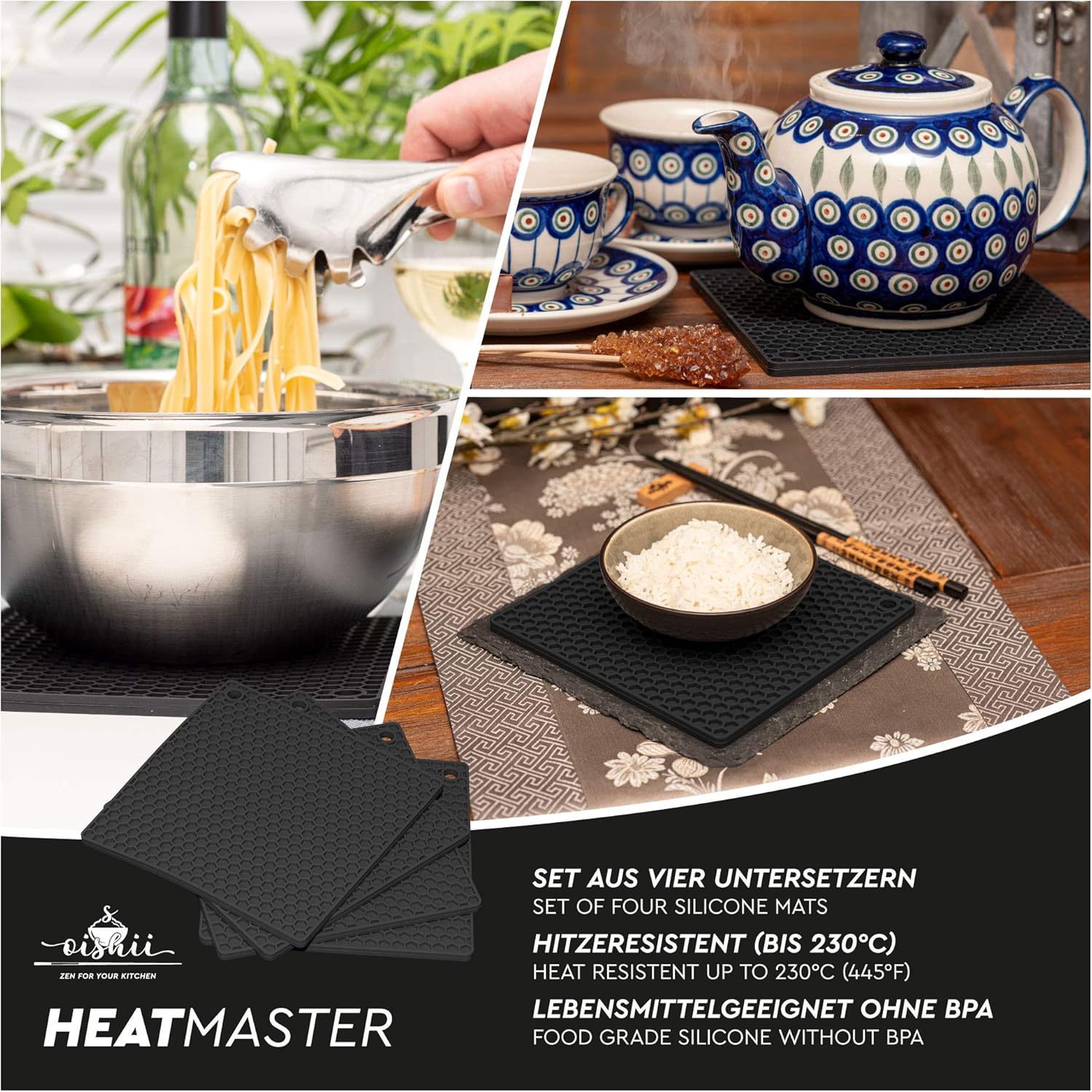 Silikon Topfuntersetzer quadratisch (4er-Set) – hitzebeständige Untersetzer 17,3 cm