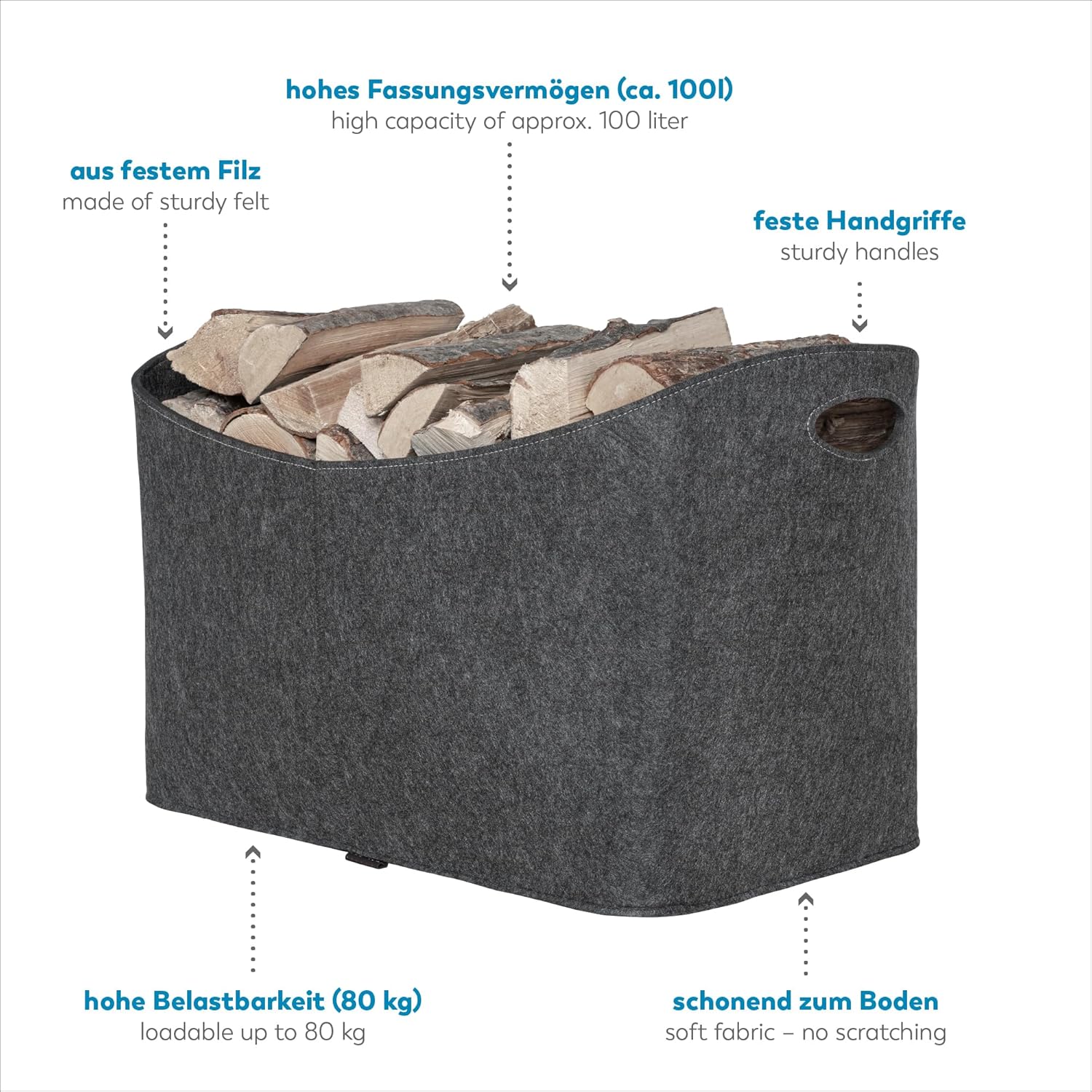 Kaminholztasche XXL aus Filz – robuste Holztasche zum Tragen von Kaminholz (63 cm)