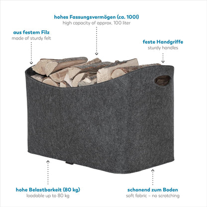 Kaminholztasche XXL aus Filz – robuste Holztasche zum Tragen von Kaminholz (63 cm)