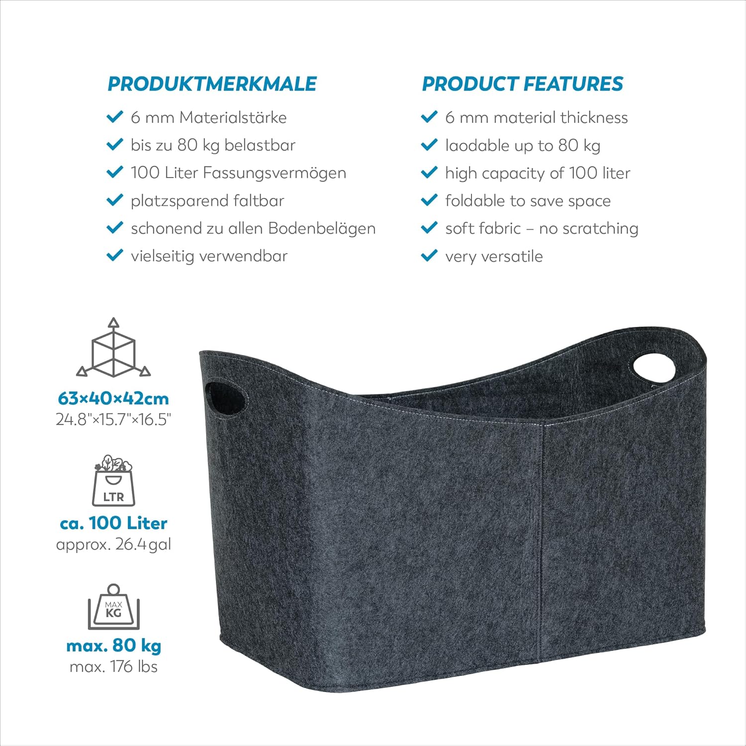 Kaminholztasche XXL aus Filz – robuste Holztasche zum Tragen von Kaminholz (63 cm)