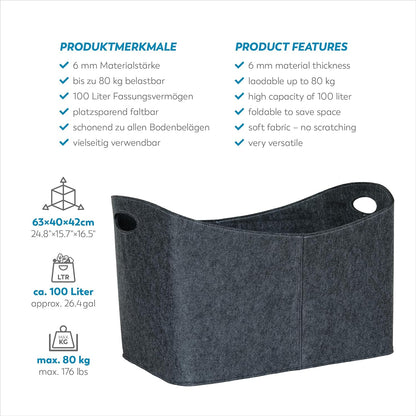 Kaminholztasche XXL aus Filz – robuste Holztasche zum Tragen von Kaminholz (63 cm)
