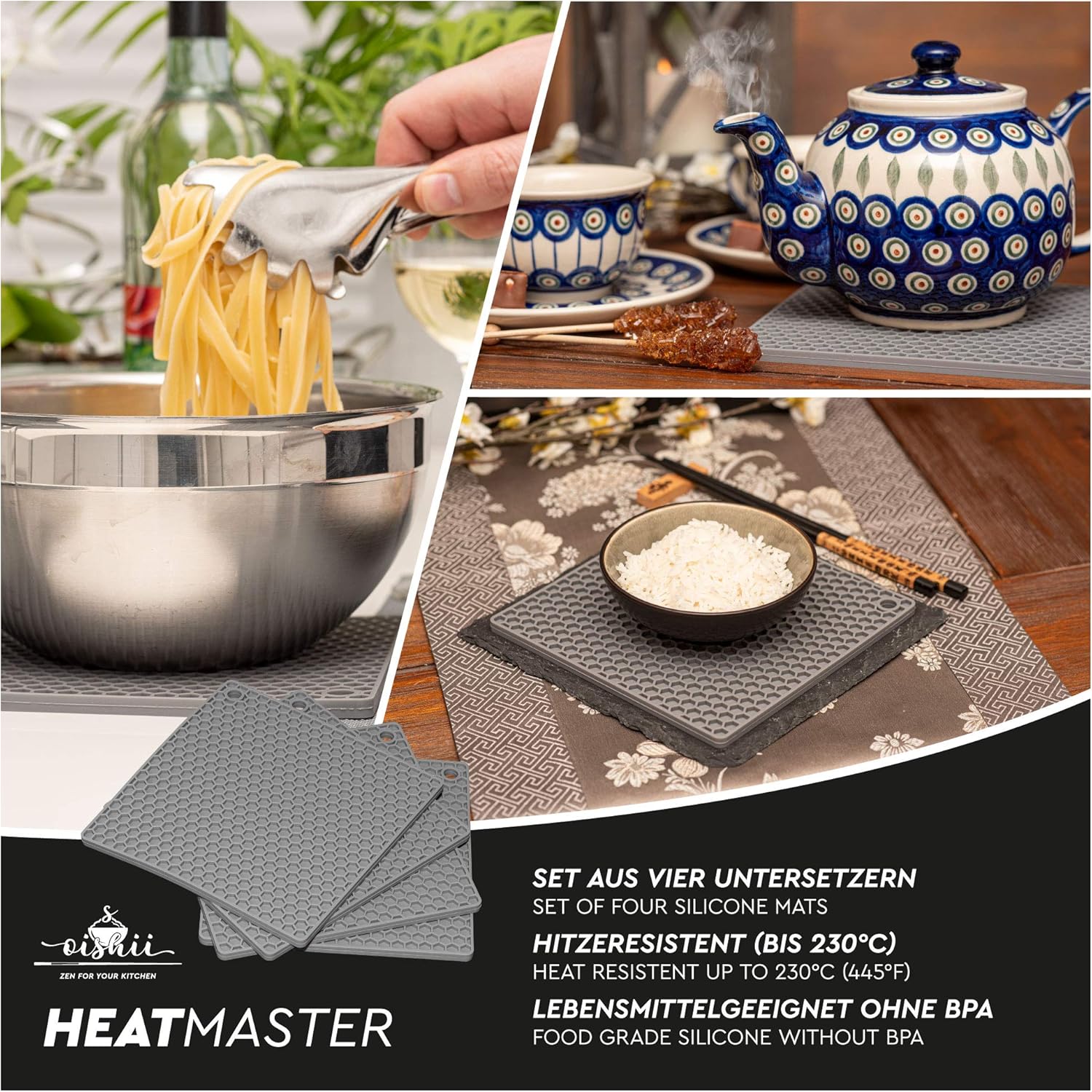 Silikon Topfuntersetzer quadratisch (4er-Set) – hitzebeständige Untersetzer 17,3 cm