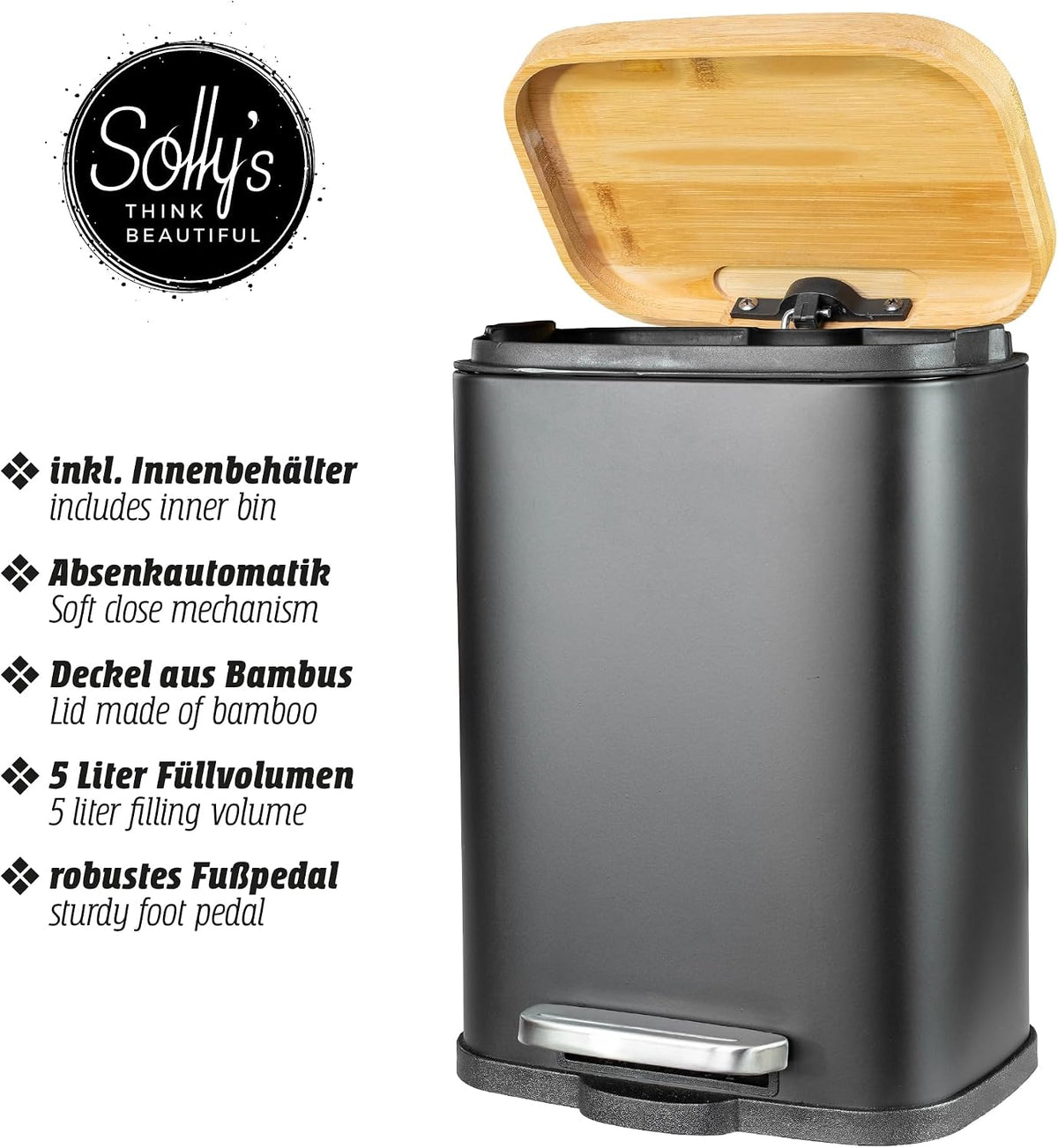 Solly's Kosmetikeimer 5 L schwarz mit Bambusdeckel