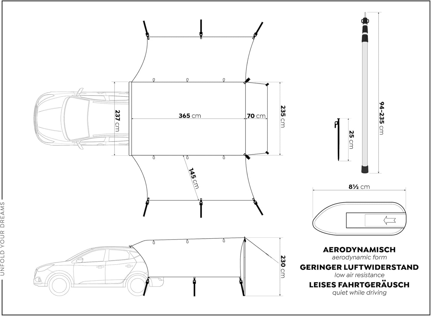Camp Air Auto-Vorzelt – Tarp mit Dachträger für SUV & Kombi, UV 50+ Sonnen- & Regenschutz
