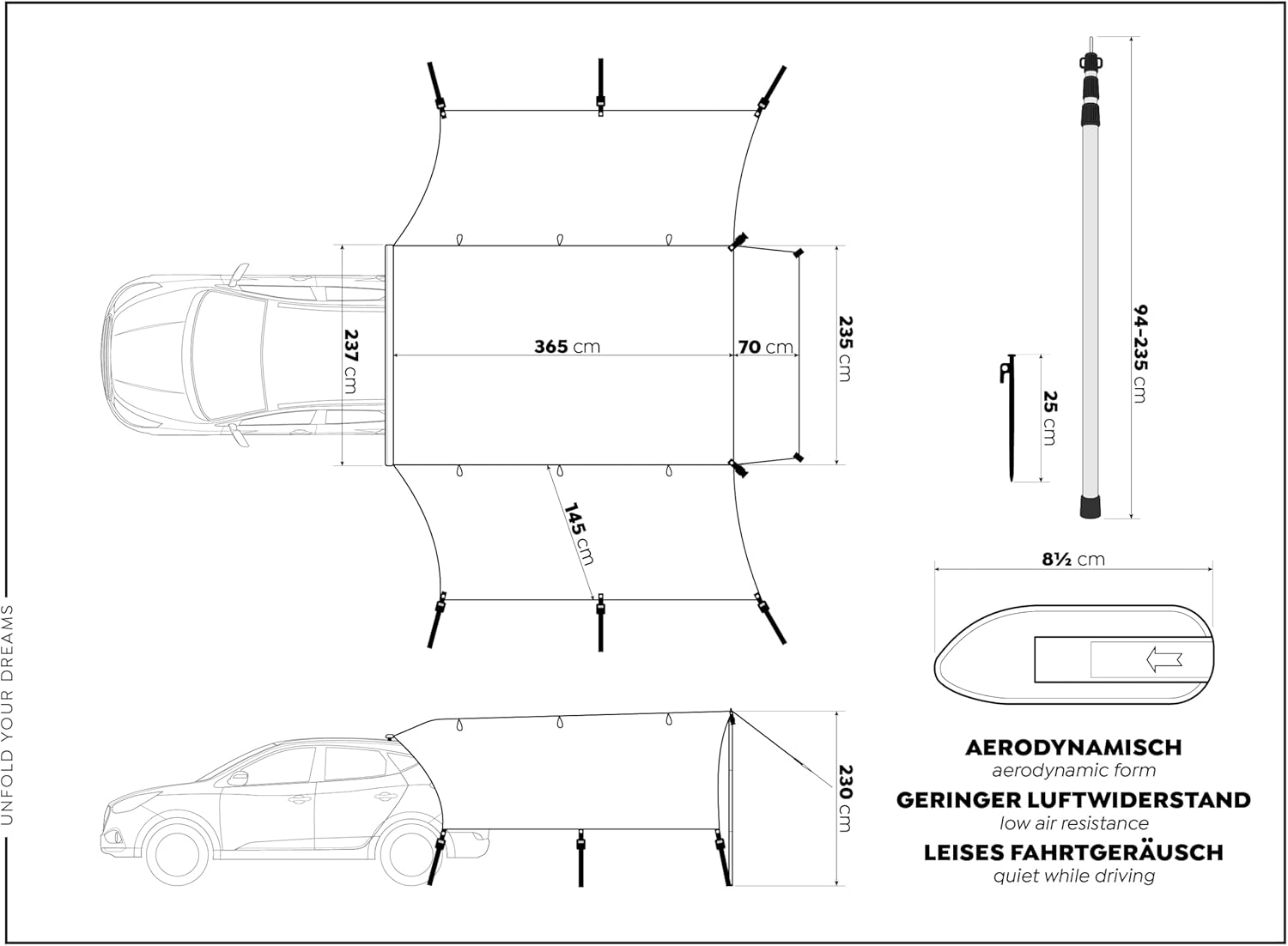 Camp Air Auto-Vorzelt – Tarp mit Dachträger für SUV & Kombi, UV 50+ Sonnen- & Regenschutz