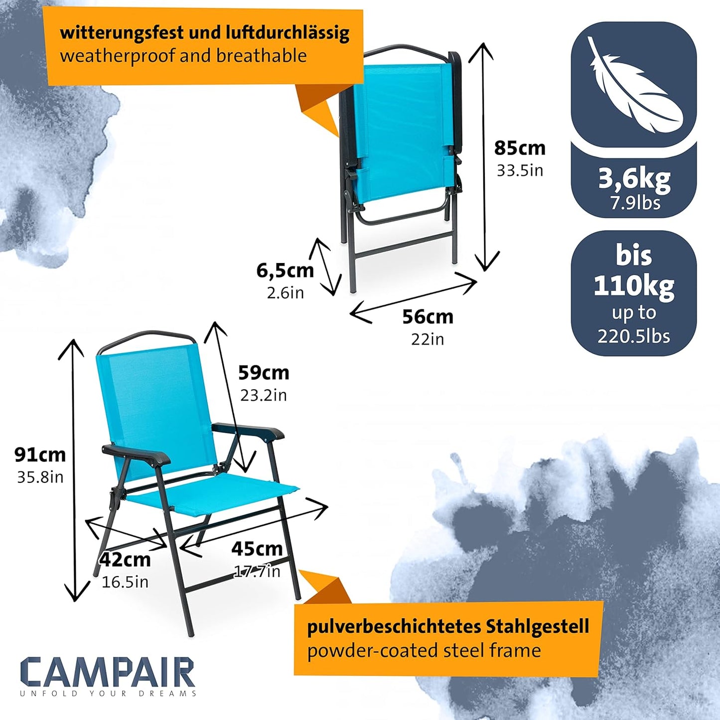 Camp Air Campingmöbel-Set Caravan – 4 Klappstühle türkis + höhenverstellbarer Campingtisch, 5-teilig