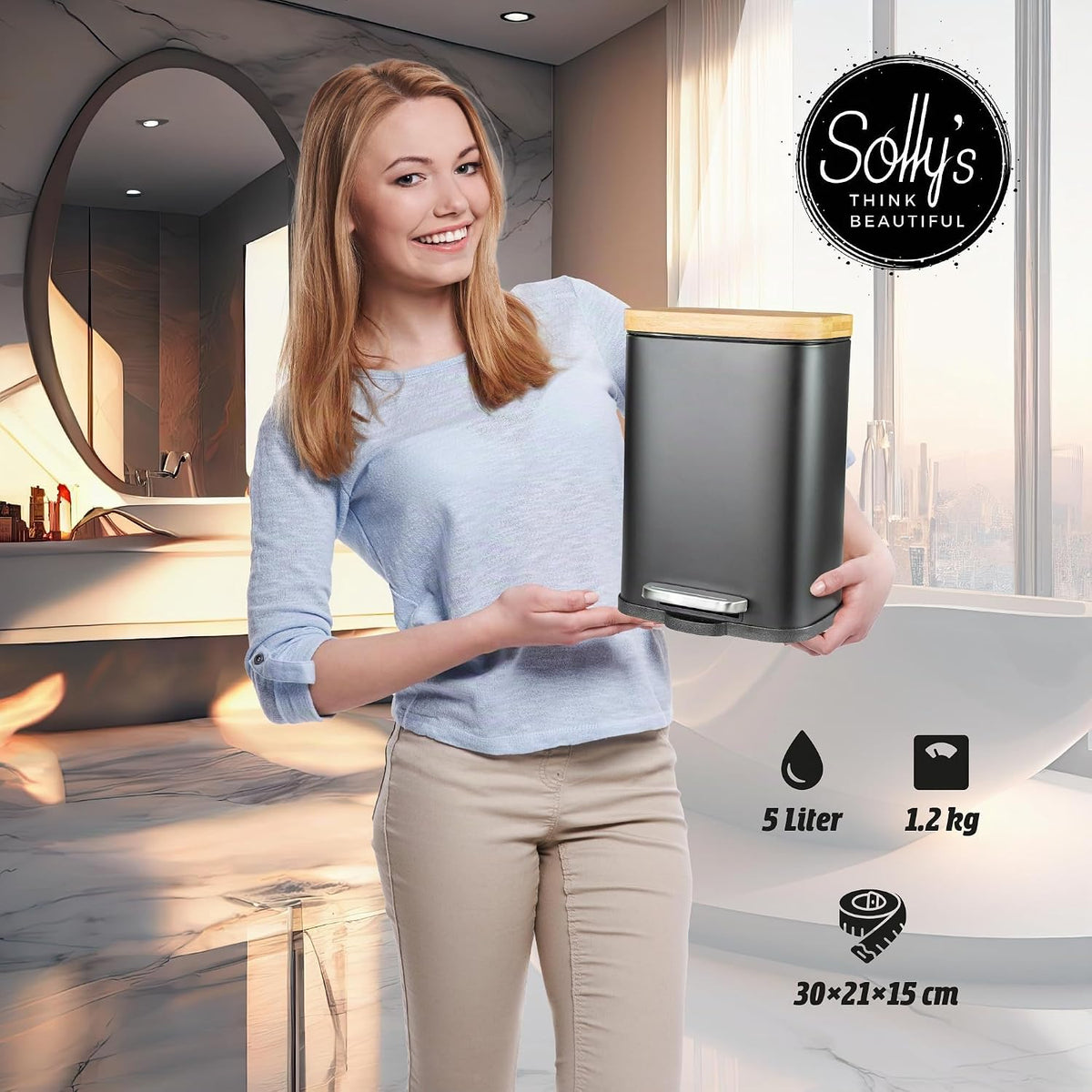 Solly's Kosmetikeimer 5 L schwarz mit Bambusdeckel