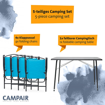 Camp Air Campingmöbel-Set Caravan – 4 Klappstühle türkis + höhenverstellbarer Campingtisch, 5-teilig