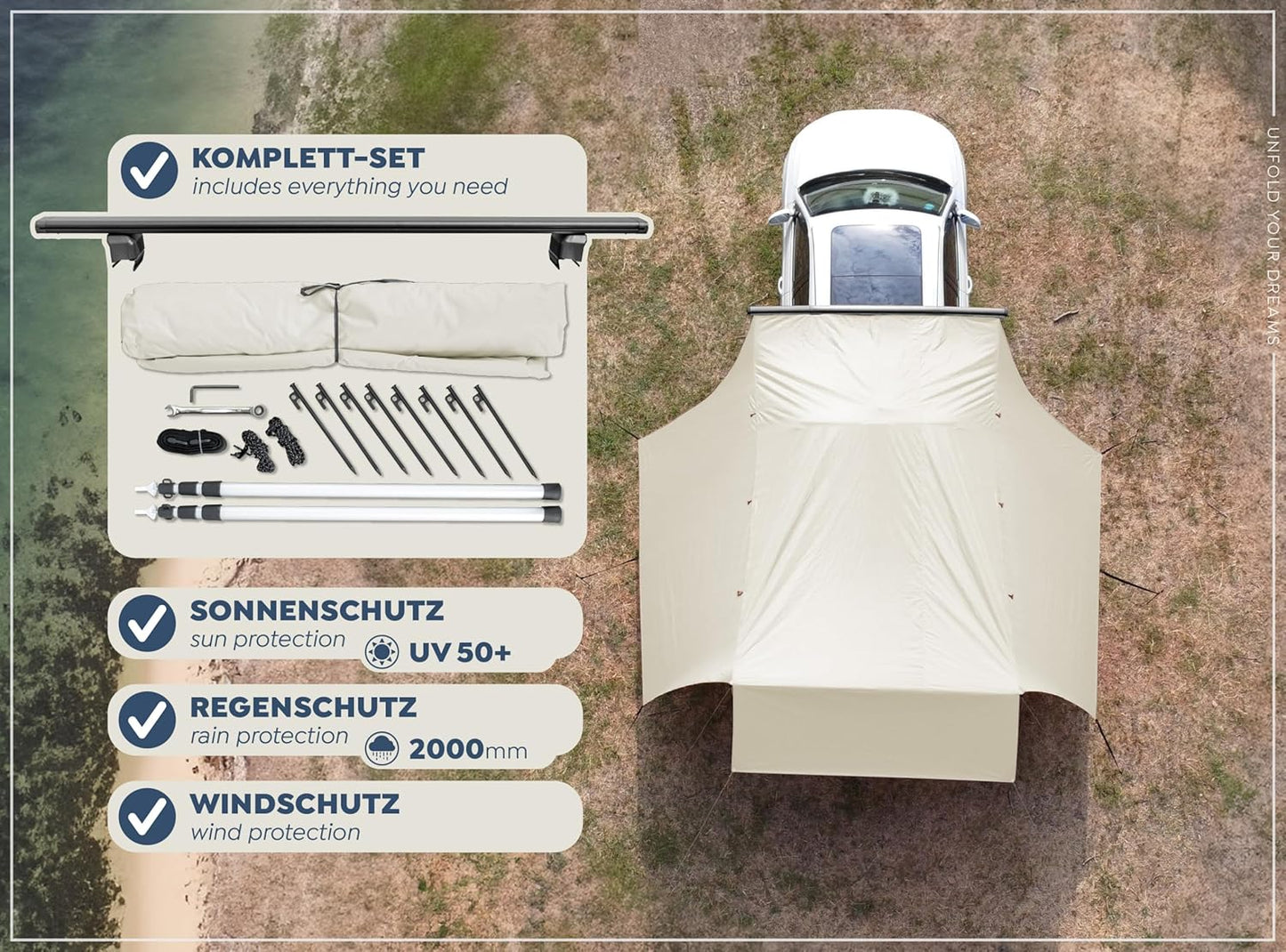 Camp Air Auto-Vorzelt – Tarp mit Dachträger für SUV & Kombi, UV 50+ Sonnen- & Regenschutz
